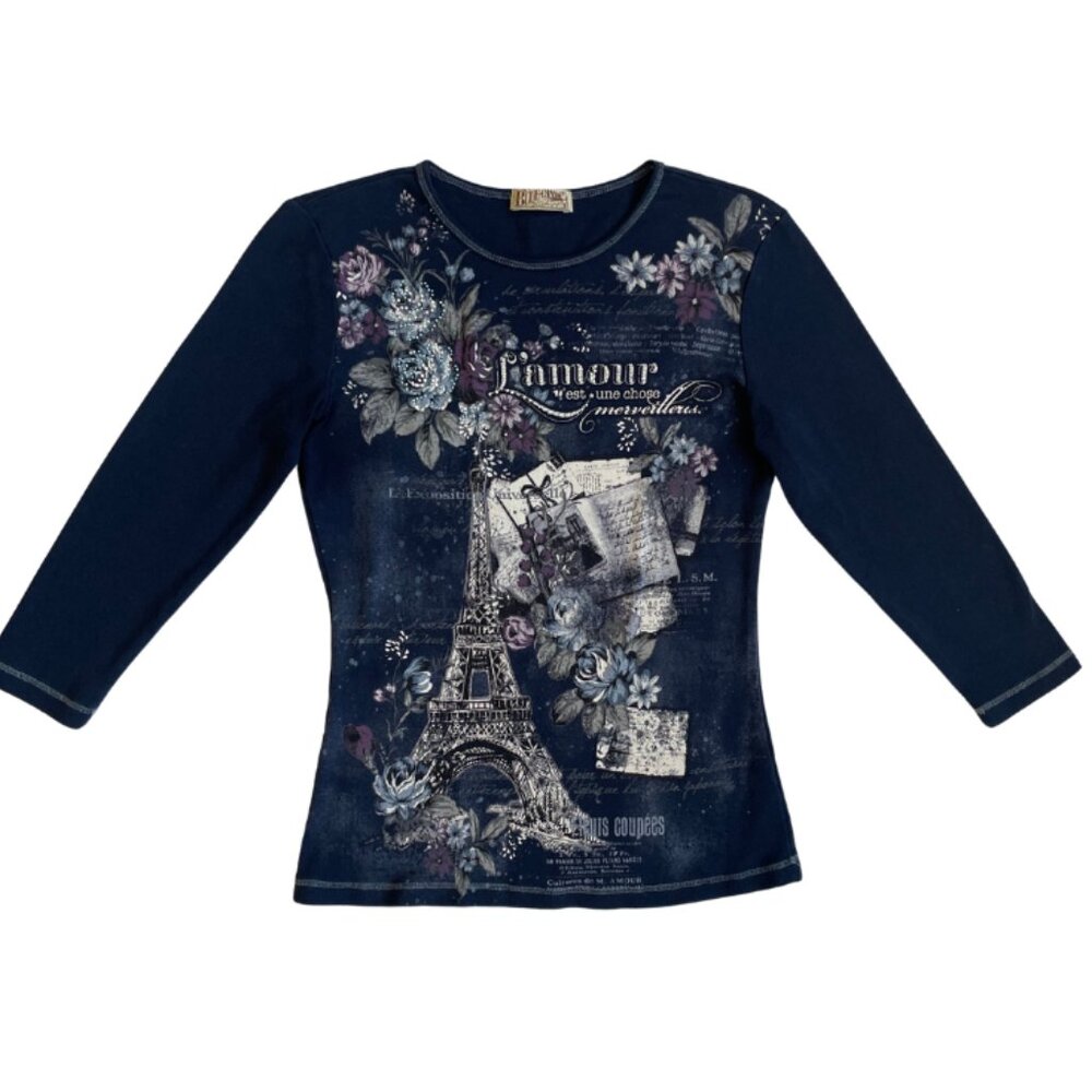 blue canyon y2k paris theme graphic 3/4 sleeve top size small